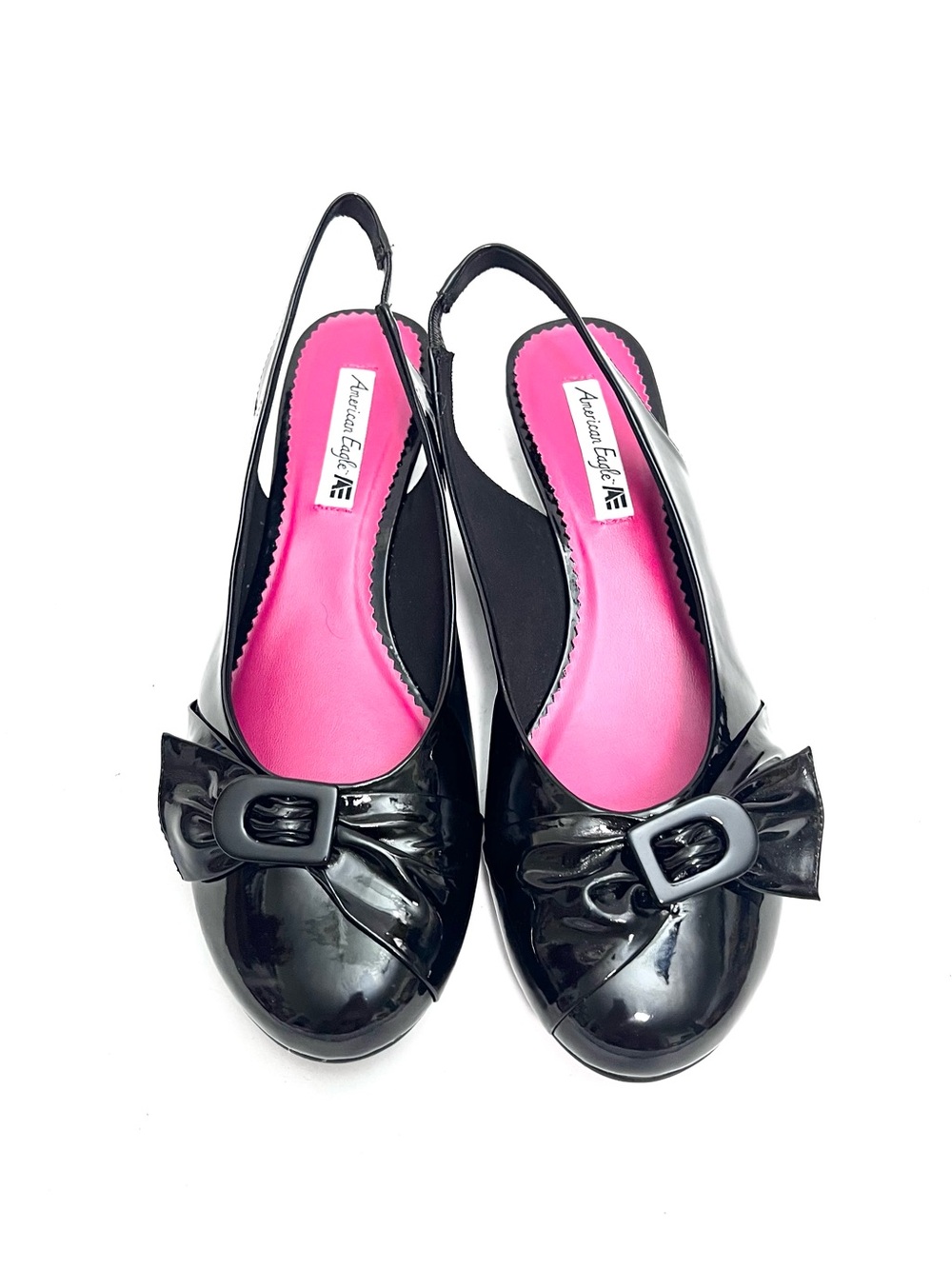 Vintage Y2K deadstock black vegan patent leather slingback bow kitten heels